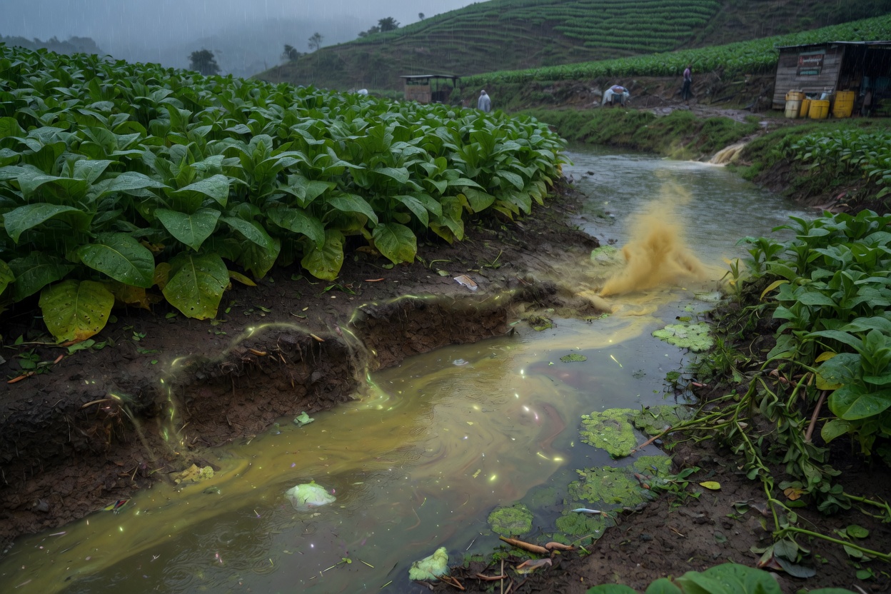 Valas de drenagem em campos de tabaco conectam-se diretamente aos rios; apos a chuva, agua amarela carregando residuos de fertilizantes e pesticidas flui para os afluentes